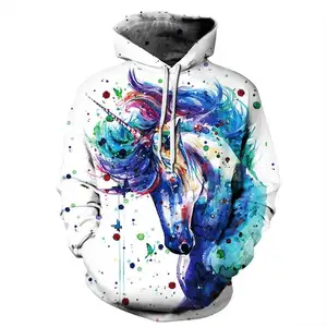 Sweatshirt Kerah Crew Gambar Hewan Hoodie Bulat Sublimasi Cetak 3D Unisex Sweat A Capuche Pola Unicorn Serigala