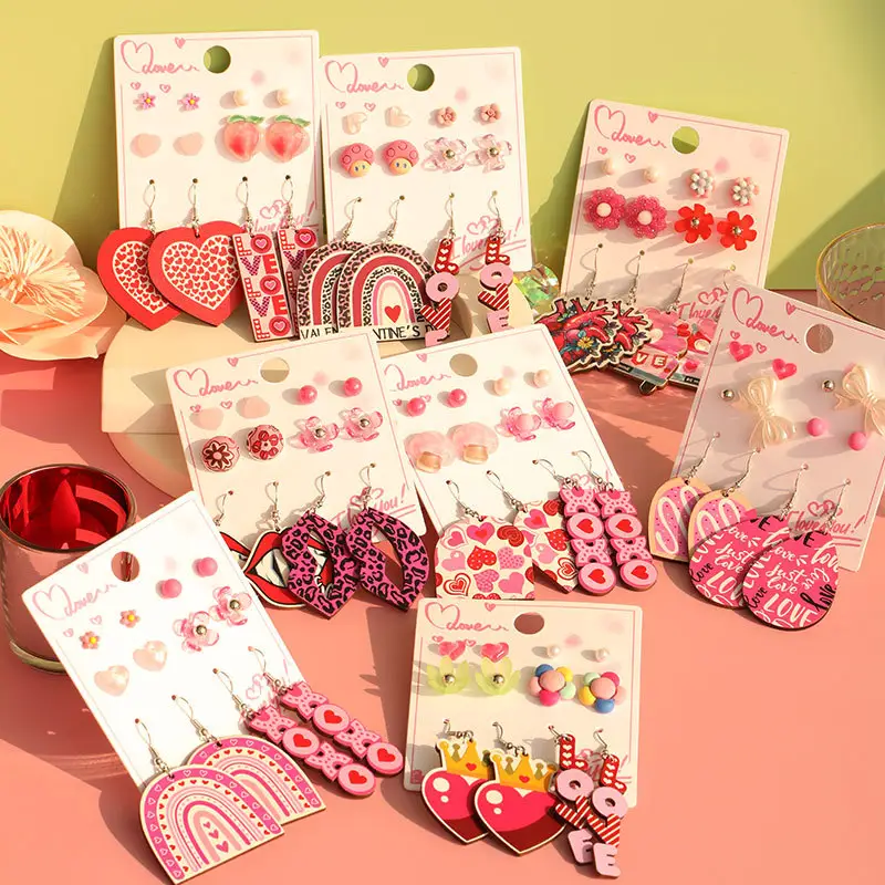 2024 nouveau rose couleur amour coeur arc-en-ciel boucles d'oreilles ensemble mignon acrylique bois femmes boucles d'oreilles ensemble pour la saint valentin