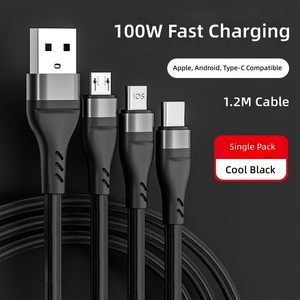สายเคเบิลถักแบบตาข่ายทองแดงบริสุทธิ์ 100W Platinum 3-in-1 สำหรับโทรศัพท์มือถือ Android/Micro <span class=keywords><strong>USB</strong></span>/Type-<span class=keywords><strong>C</strong></span> รองรับการชาร์จเร็ว 6A รับประกัน 12 เดือน - Product Image 1