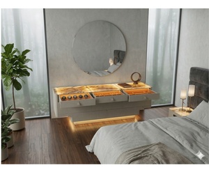 <span class=keywords><strong>Coiffeuse</strong></span> de luxe moderne avec plateau en quartz <span class=keywords><strong>rose</strong></span>, finition chêne, cuir de crocodile, glissières à ressort haut de gamme et éclairage intelligent à détection. - Product Image 2