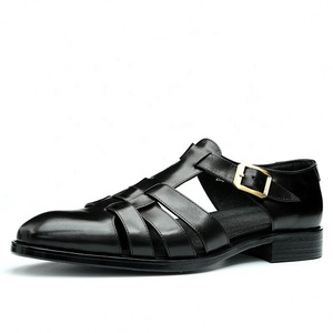 Sandales d'été pour hommes à brides croisées en cuir de vachette première couche, à bout ouvert, avec boucle, décontractées, respirantes, doublure en cuir - Product Image 5