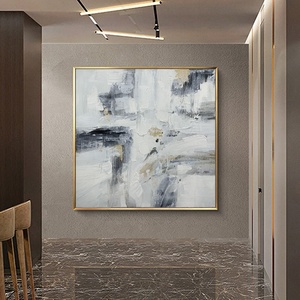 100% phòng khách vẽ tay trang trí màu đen và trắng hiện đại vải kích thước lớn lá vàng nghệ thuật sơn dầu trừu tượng - Product Image 2