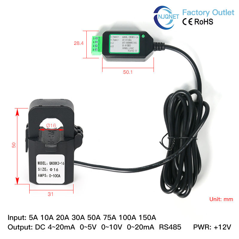 Split Core Current Transforemr Modbus QNDBK3-10 Ac 5A 10A 20A 50A 100A RS485 Dc Clamp Ct Transmitter Current Sensor Transducer