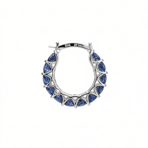 Platinum <b>Hoop</b> <b>Earrings</b> With Blue Gemstones, Geometric Design, Claw Setting, Luxury <b>Fine</b> Jewelry For Women, Model E3636 - Product Image 1