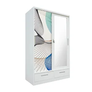 Bedroom Metal Printed Wardrobe Steel Almirah Wardrobe with 2 Drawers Home Clothes Storage Furniture with mirror