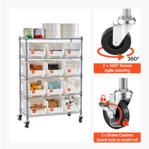 מדף אחסון מתגלגל בן 5 קומות עם 12 סלי אחסון, מדף תיל מפלדה עם גלגלים למוסך, משרד ומטבח - Product Image 6