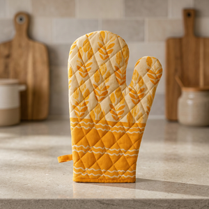 Premium Cotton Quilted Oven Mitten with <b>Botanical</b> Leaf <b>Print</b> & Orange Pattern Heat Resistant Kitchen Glove for Cooking & Baking - Product Image 2