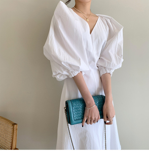 <span class=keywords><strong>Abito</strong></span> elegante da donna stile francese con scollo a V con scollo a bolle sopra al ginocchio a vita lunga e <span class=keywords><strong>mezza</strong></span> <span class=keywords><strong>manica</strong></span> - Product Image 1