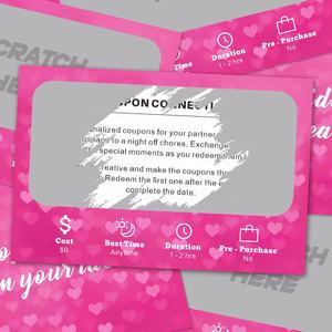 Cartes de date rose Coupons de cartes à gratter Vente en gros Nouveau design Impression numérique Revêtement à gratter Informations sur la <span class=keywords><strong>carte</strong></span> personnalisée - Product Image 1