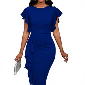 Vestido ajustado azul real con volantes en las mangas para mujer, largo hasta la rodilla, cuello redondo, elegante, estilo fiesta, color sólido, informal - Product Image 5