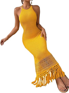 <strong>Ladies</strong> Solid <strong>Yellow</strong> Halter Neck Bodycon Knit Sweater <strong>Dress</strong> Crochet Knit Tassel Fringe Trim Summer Party Maxi <strong>Dress</strong> - Product Image 2