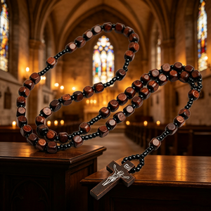 Rosario de Madera con Cuentas y Crucifijo Plateado INRI, Joyería Religiosa Cristiana, Unisex, Hecho a Mano, Chapado Antiguo - Product Image 1