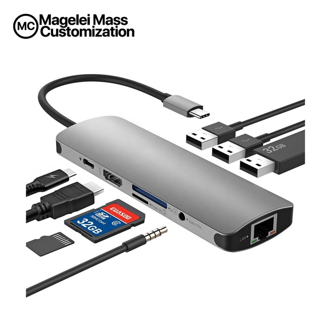 9 in 1 Type-c Mini Hub 4k@30hz Hdmi Hdtv Sd Tf Card Reader 3 Usb Ports 3.5mm Audio PD RJ45 Lan USBc Type C Hub Docking Station