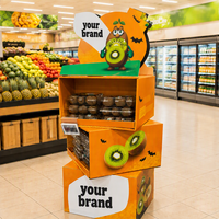 Stand Display Kardus Bergelombang Ramah Lingkungan dengan Cetakan Khusus, Stand Display Buah Bergaya Halloween untuk Kiwi dan Jeruk