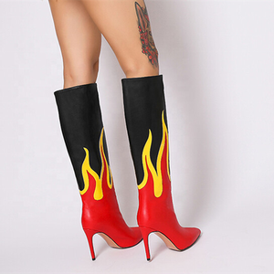 2022 Red Fire Pattern Pointy Toe Thin High Heel Boots Big Size 44 Short Knee High Women Boots Slip-on <b>Shoes</b> Winter Spring - Product Image 3