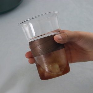喇叭形硼硅玻璃拿铁杯耐热胡桃木套防烫木带手柄马克杯咖啡杯 - Product Image 5