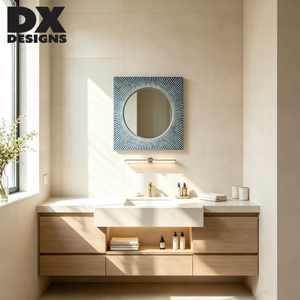 Specchio Rotondo DX Designs con Cornice Quadrata, Mosaico Blu e Bianco Radiante, Specchio Decorativo da Parete per Bagno e Soggiorno - Product Image 6
