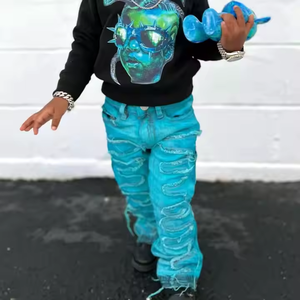 Vente en gros de jeans pour garçons personnalisés High Street lavés avec écussons endommagés Jeans skinny déchirés de créateurs de mode pour enfants - Product Image 3