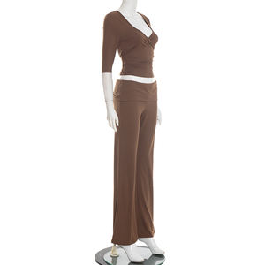 Viviblook Q25ST471 Traje de yoga informal para mujer, camiseta de manga larga con cuello en V, pantalones largos, conjunto de dos piezas - Product Image 3