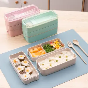 Kotak makan siang sedotan gandum 3 lapis, kotak makanan kelas PP plastik Microwave persegi panjang kotak Bento Tiffin dengan sendok garpu