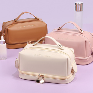 Sac à maquillage en cuir PU, double couche, trousse de toilette de voyage, organiseur de cosmétiques, grande capacité, pochette de rangement pour produits de beauté - Product Image 1