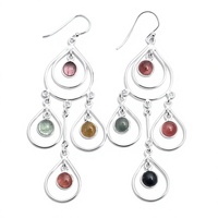 Boucles d'oreilles pendantes tendance en argent 925 plaqué or 18 carats, style bohème, avec pierre naturelle tourmaline pastèque, pour femme, idéales pour les soirées