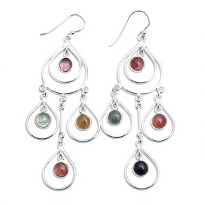 Bohemian 925 Silver Chandelier <b>Earrings</b> With Natural Stone Water Melon Tourmaline Drop <b>Dangle</b> For Women Everyday Wear - Product Image 1