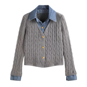 Denim Patchwork Twisted Knit <b>Cardigan</b> Jacket For Women Single Breasted Loose Fit Full Sleeve Contrast Color - Product Image 1