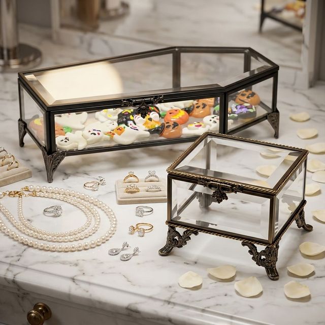 Coffin Black Storage Vintage Jewelry Watch Ring Holder Cube Mirror Brass Glass clear Halloween Trinket Storage Box Packaging