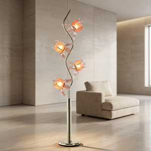 Statement Piece Lotus Flower Floor Lamp, Polished Gold Curved Stem 4 Pink Acrylic Glowing Petals Decor Lig - Product Image 3