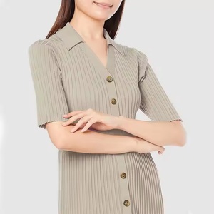 Vestido de Punto Acanalado Sólido Casual de Verano para Mujer, Manga Corta, Estilo Polo, Patchwork, Ecológico, Antiarrugas, Transpirable y Lavable - Product Image 4