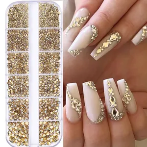 Strass en cristal de verre champagne pour nail art, 1,5 mm-5 mm, 12 compartiments, dos plat, SS4-SS16, assortiment de strass non thermocollants pour décoration d'ongles - Product Image 1