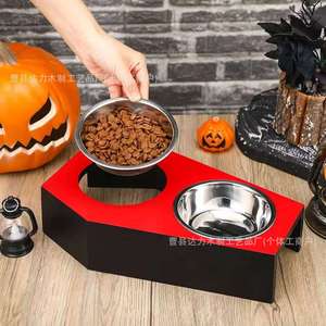 Comedero Doble Elevado para Mascotas, Estilo Gótico de Halloween, Base de Madera, Antideslizante y Resistente a la Humedad, para Perros y Gatos - Product Image 1