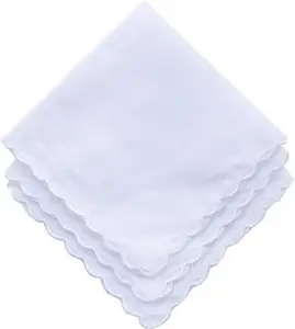ผ้าเช็ดหน้าผ้าฝ้ายขนาด11 "สีขาวล้วน60s แบบกำหนดเองทรงหอยเชลล์ขอบสีขาวสำหรับงานแต่งงาน