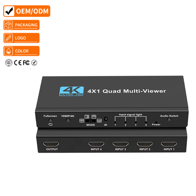4K 4x1 HDTV Quad Multi-Viewer Video Splitter Seamless Switcher with IR Remote Control for TV Monitor Game Bar