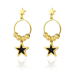 Korean Cute 18k Gold Plated Hoop <b>Earrings</b> Stainless Steel Star Pendant <b>Earring</b> - Product Image 2