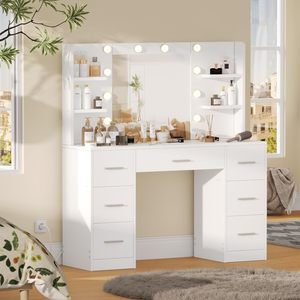 Coiffeuse blanche avec 7 tiroirs de rangement et miroir éclairé pour salon de beauté et studio, meuble en panneau MDF - Product Image 1