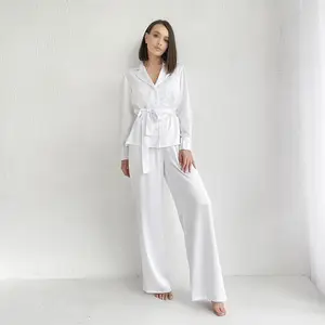 2022 New Arrival White Casual Two Piece Set Shirt Long Pants With Belts Women Set