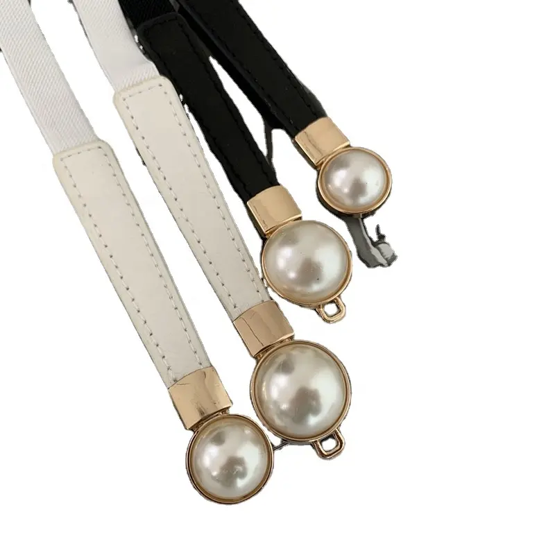 New Designer Ladies White Belt Fashion Sweater Black Pu Leather Pearls Belt For Women Dress Cloth