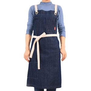 Delantal <span class=keywords><strong>de</strong></span> Cocina Personalizado <span class=keywords><strong>de</strong></span> Mezclilla con Tirantes Cruzados y Bolsillos para Chef, Cocinero, Restaurante, Barbería y Servicio - Product Image 1