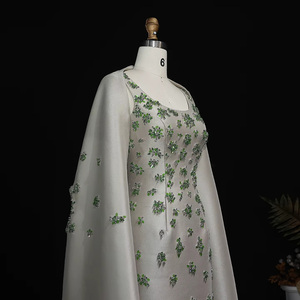 Abito da sera con perline floreali 3D in raso verde salvia Chic con mantello per donna Lsz536-1 per festa <span class=keywords><strong>di</strong></span> nozze - Product Image 4