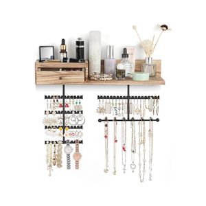 Organisateur de bijoux personnalisé à suspendre au mur avec tiroir en bois rustique et étagère de rangement grande capacité - Product Image 1