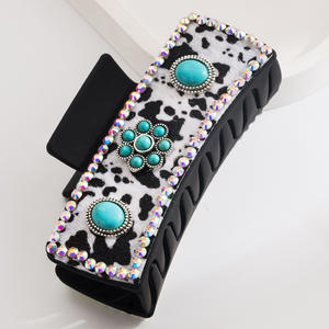 Accessoires pour cheveux carrés rétro personnalisés de 9,5 cm à imprimé léopard avec accents en cristal, pinces à cheveux en plastique - Product Image 4