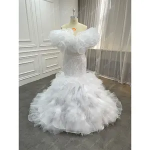 Manufacturer Ins African Women Ruffled White Wedding Dresses Modest Puffy Off Shoulder Luxury Beaded Lace Sequined Bridal Gown
