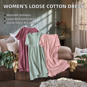 Camisón de algodón de verano para mujer, color sólido, manga corta, cuello redondo, longitud completa, ajuste holgado, vestido para dormir, ropa informal - Product Image 2