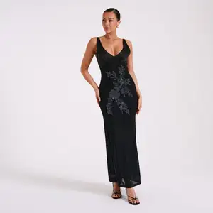 Mới Nhất Phụ Nữ Thanh Lịch Không Tay V Cổ Backless Dresses Phụ Nữ Đính Cườm Hoa Thêu Trượt Đảng Dài Buổi Tối Ăn Mặc