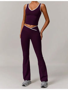 2 Piece Yoga Set V Neck <b>Crop</b> <b>Top</b> High Waist Full Length Leggings Contrast Binding Seamless Stretch Solid Color - Product Image 5