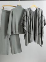 Ensemble trois pièces élégant pour femme – Nouvelle collection automne-hiver : pull tricoté, châle cape et pantalon large rayé coupe décontractée