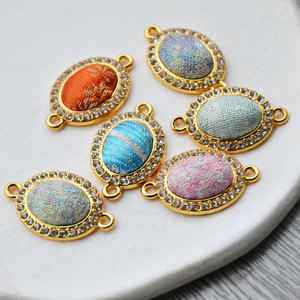 Oval Brocade Pendant <b>Copper</b> Plated 18k Gold Colorful Fabric Inlay For <b>Bracelet</b> Making Jewelry Findings Components - Product Image 3