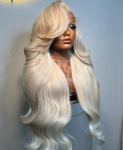 %250 Yoğunluklu Uzun Platin Beyaz Sarı Okyanus Dalgası İşlenmemiş Remy Hint Saçı Kütikül Hizalı Şeffaf HD Dantel Ön Peruk Kaküllü - Product Image 3